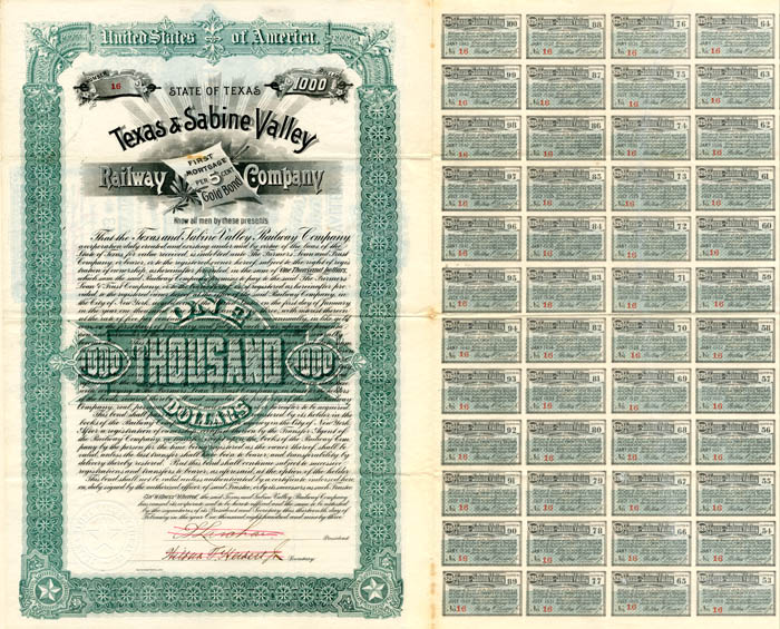 Texas and Sabine Valley Railway Co. - 1893 dated $1,000 Railroad Gold Bond